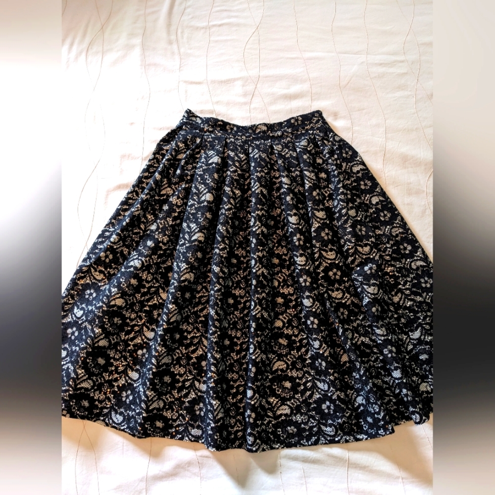 Black lace A-line pleated skirt (High-waisted)